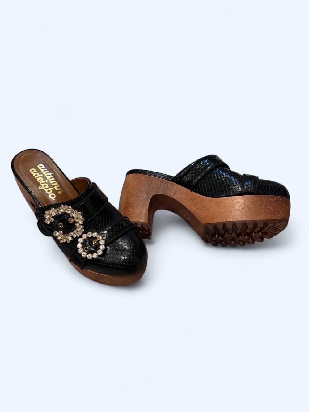 Autumn Adeigbo Black Snakeskin-Effect Clog Mules with Embellished Buckles 36